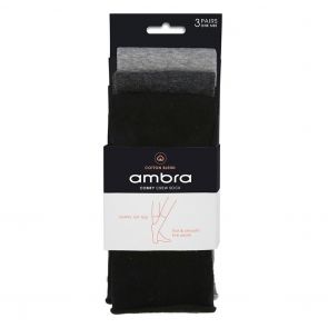 Ambra Cotton Blend Comfy Crew Sock 3-Pack AMCOMCR3P Black/Charcoal/ Grey Marle