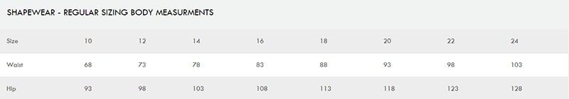 Berlei Shapewear Size Chart