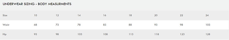Berlei Underwear Size Chart