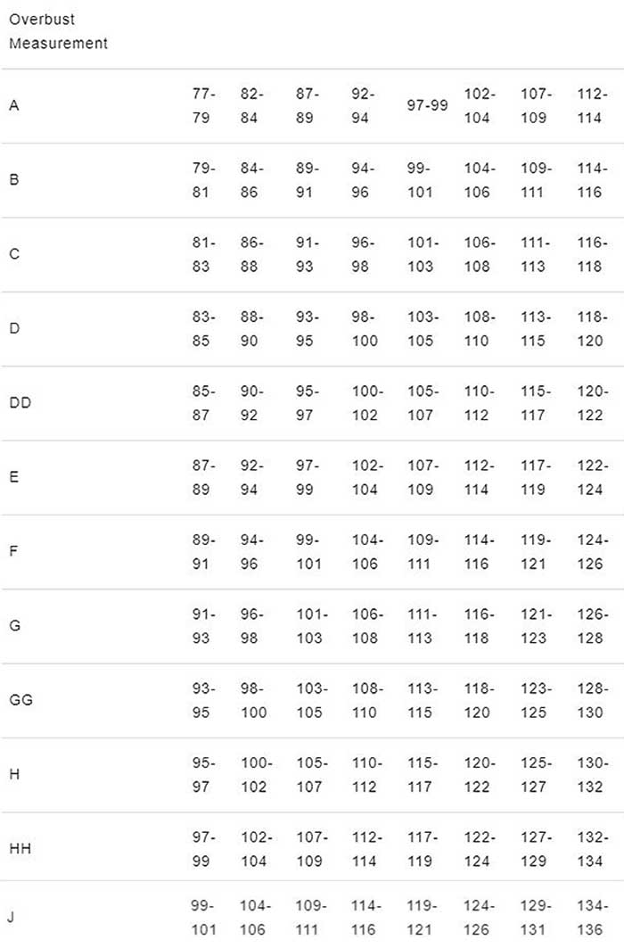 HK Intimates Bra1 Size Chart