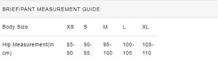 HK Intimates Underwear Size Chart