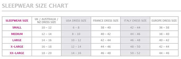 Hotmilk Sleepwear Size Chart