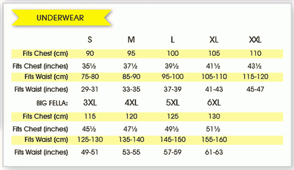 tradie size chart men